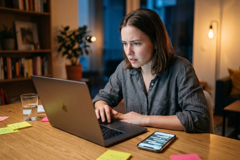 Freelancer looking frustrated at messaging app on laptop showing miscommunication mistakes