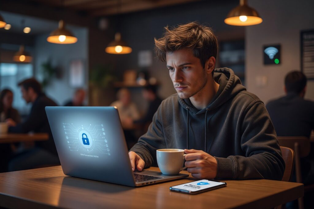 Freelancer working on laptop in coffee shop on public wifi with security shield overlay