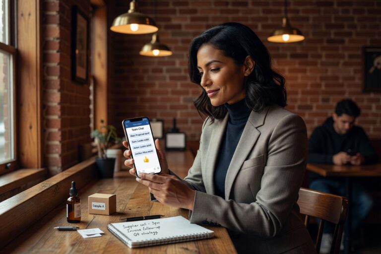 Small business owner using group messaging app on smartphone to coordinate with team instead of email