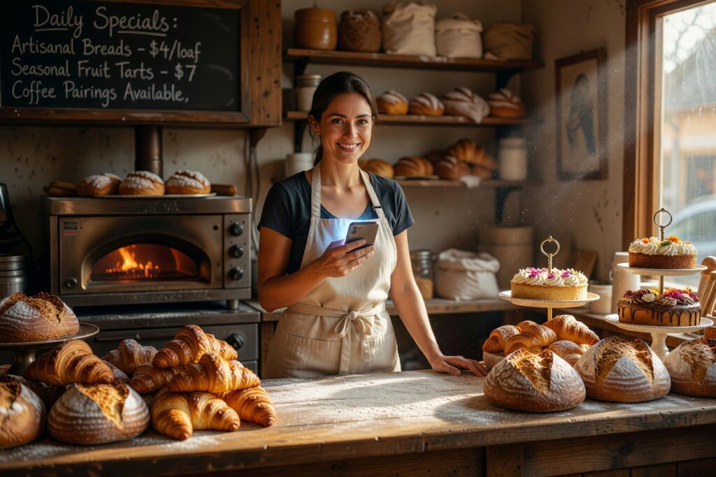 Local bakery owner reviewing online audience growth analytics on a laptop in the shop