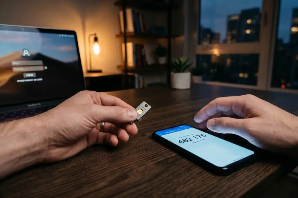 Hardware security key placed next to a smartphone displaying an authenticator app code