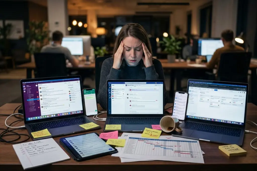Team frustrated by switching messaging platforms mid-project on laptops