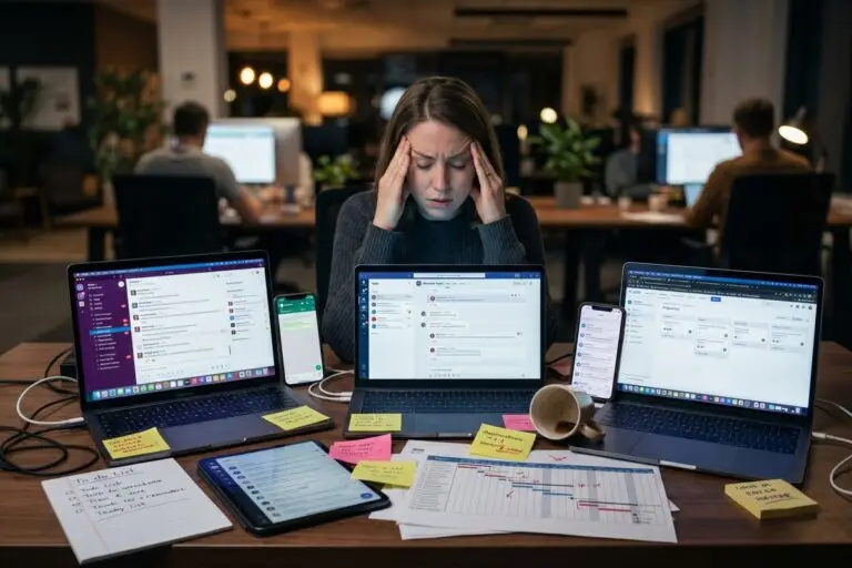 Team frustrated by switching messaging platforms mid-project on laptops