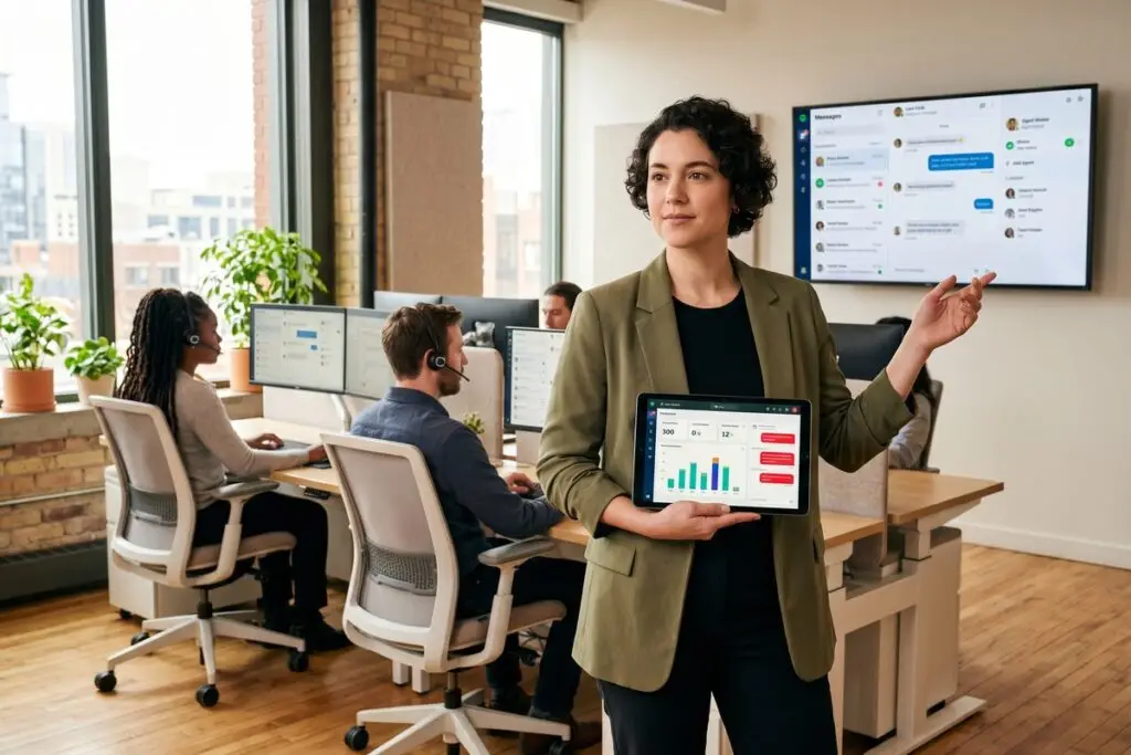 Support team managing high volume customer messaging on multiple screens without burnout
