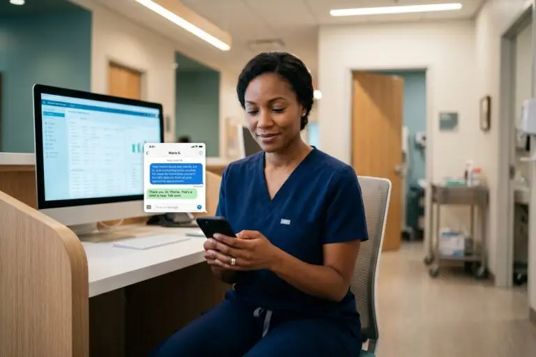 Healthcare provider using HIPAA compliant messaging app on tablet in clinical setting