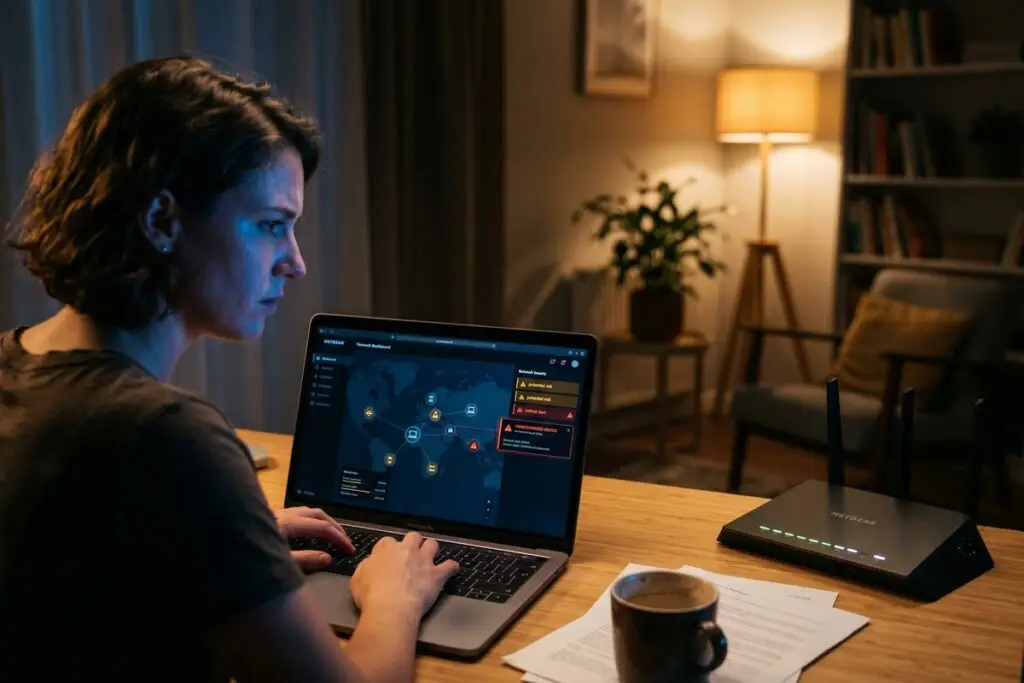 Remote worker reviewing home network security settings on laptop at home office desk