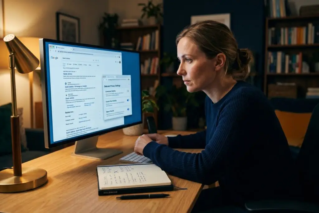Person auditing their digital footprint on a laptop reviewing personal data online