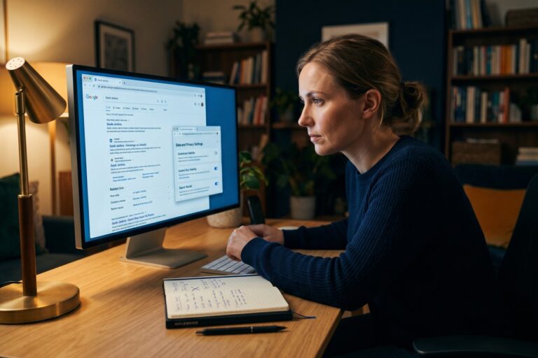 Person auditing their digital footprint on a laptop reviewing personal data online