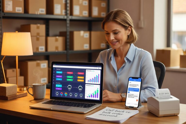 Small business owner using AI tools on a laptop to automate daily tasks