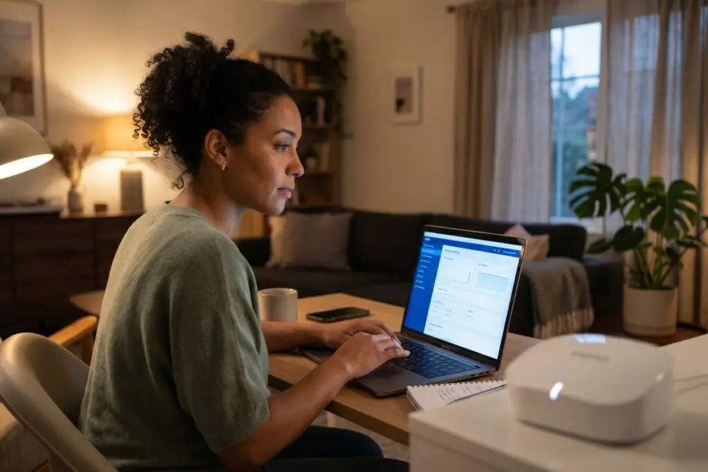 Person securing home wi-fi network settings on a laptop next to a wireless router