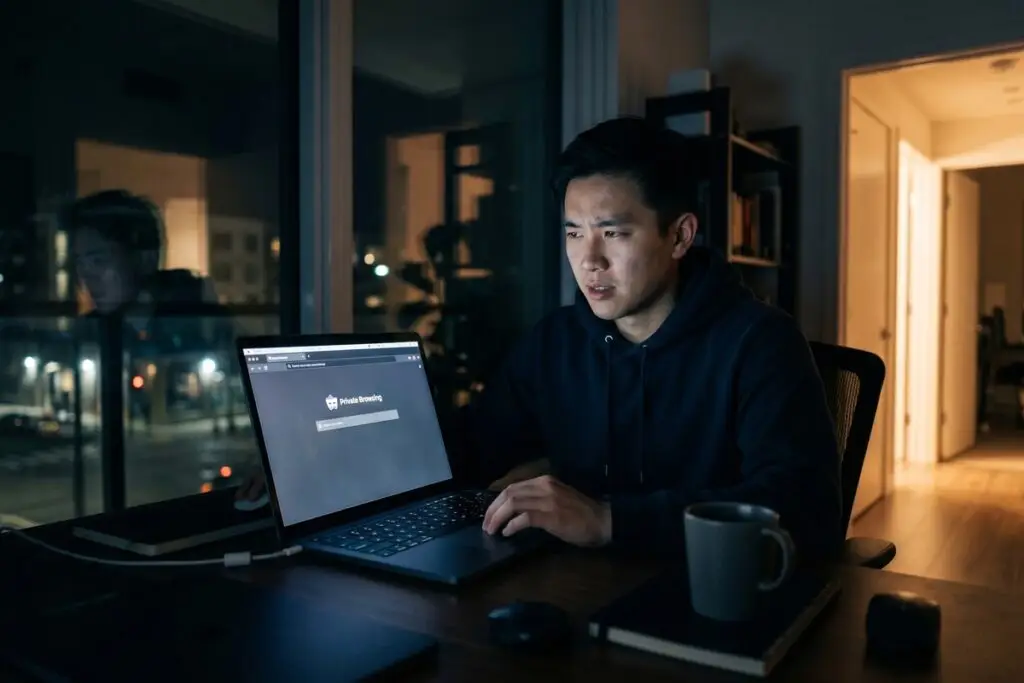 Person browsing in incognito mode on laptop with privacy and security icons overlay