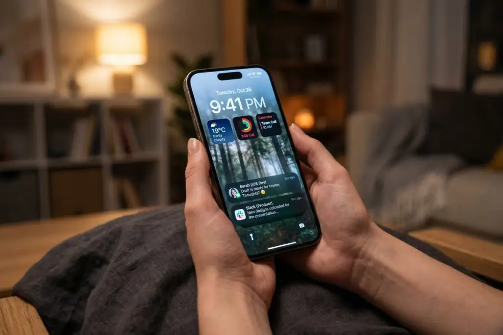 iPhone lock screen displaying widgets, shortcuts, and productivity features in use