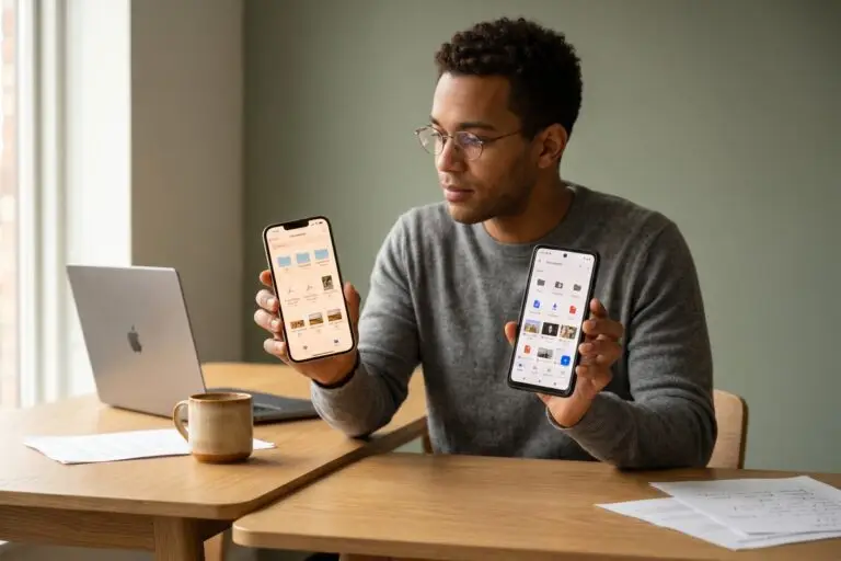 iPhone and Android phone side by side showing file management and downloads folder organization