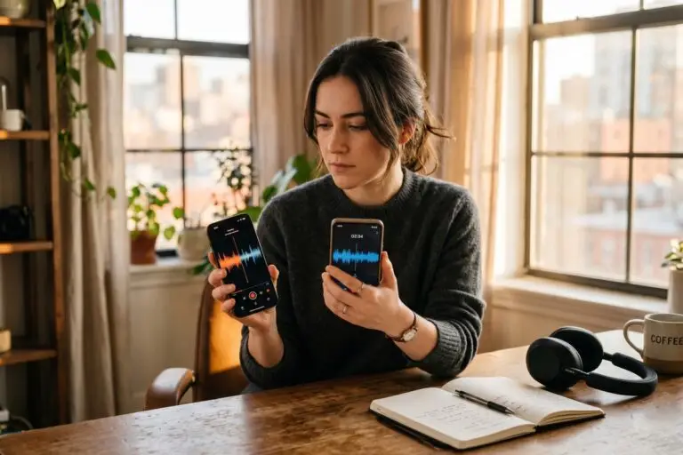 iPhone and Android phone side by side showing voice memo recording apps on screen