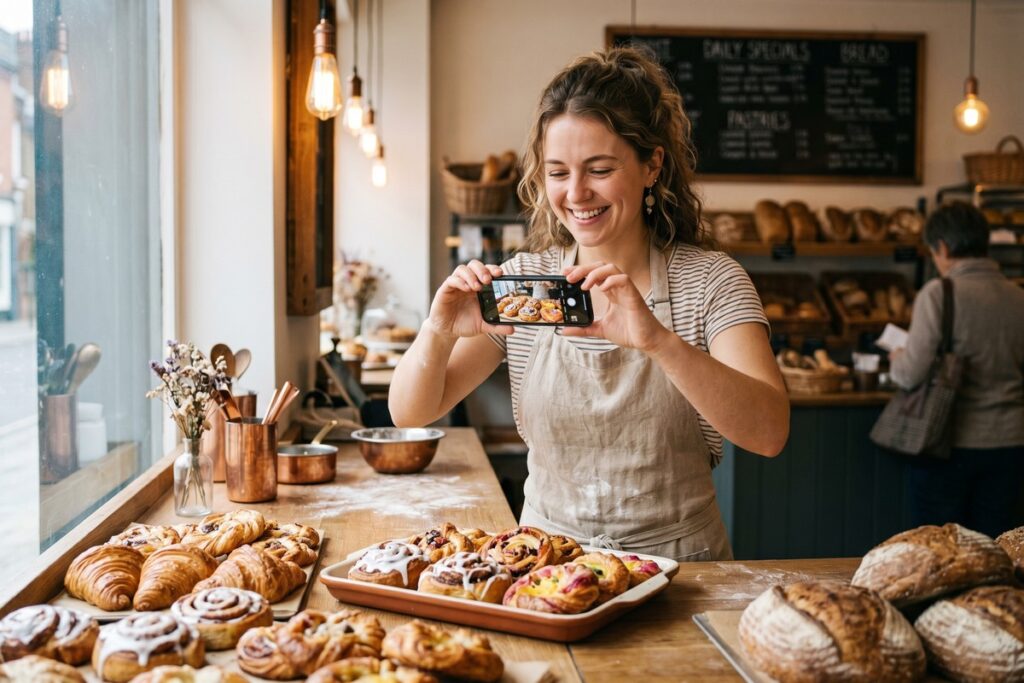 Local bakery owner reviewing online visibility growth on a laptop inside their shop