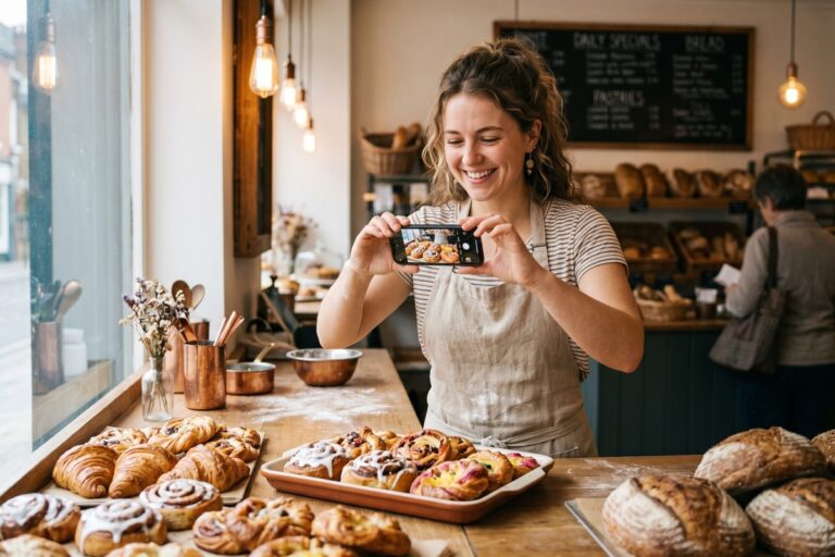 Local bakery owner reviewing online visibility growth on a laptop inside their shop