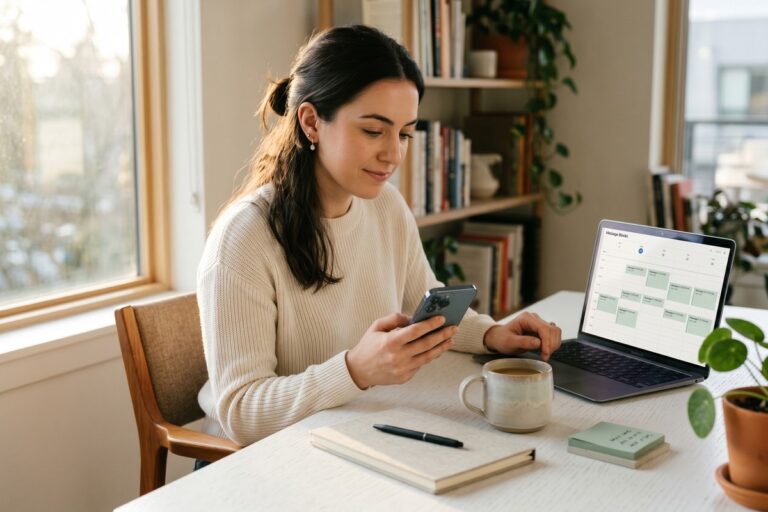 Person reviewing message scheduling apps on a smartphone and laptop side by side