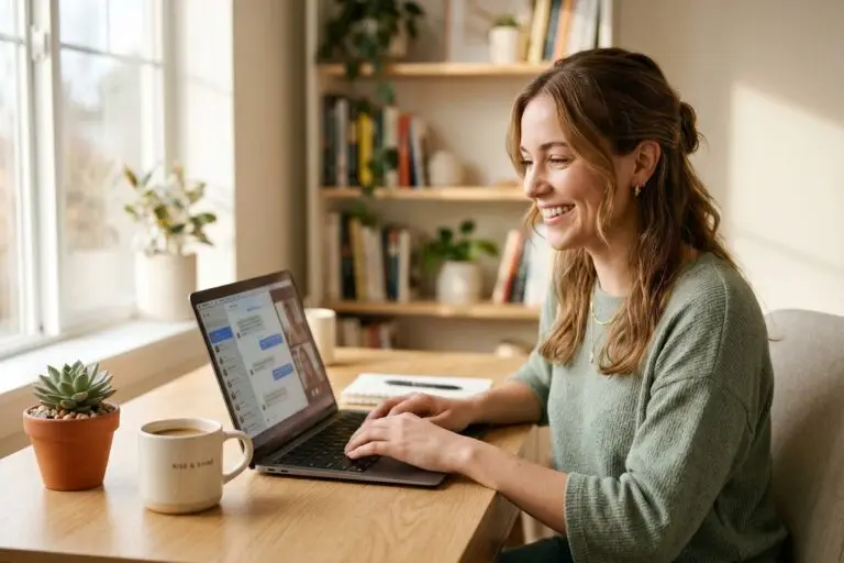 Business professional personalizing message templates on a laptop to sound more human