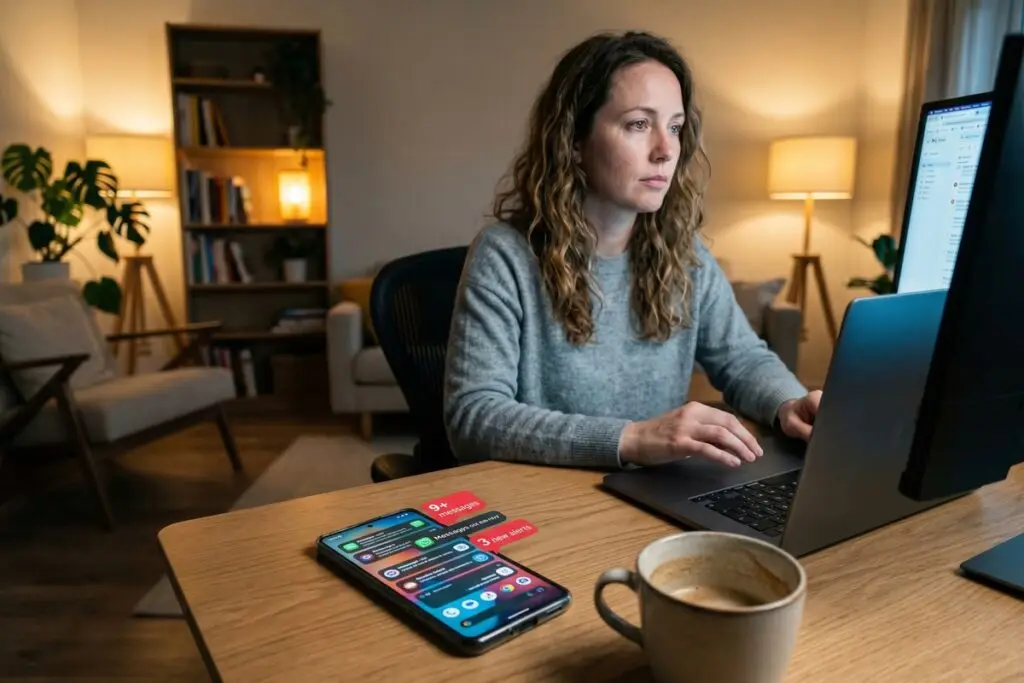 Person overwhelmed by messaging app notification settings on a smartphone screen