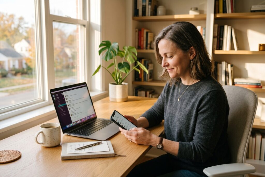 Solo consultant managing all client communication from a single messaging app on a laptop