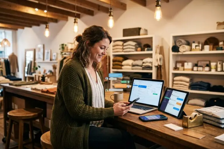 Small business owner managing omnichannel messaging across SMS, email, and social media on a laptop