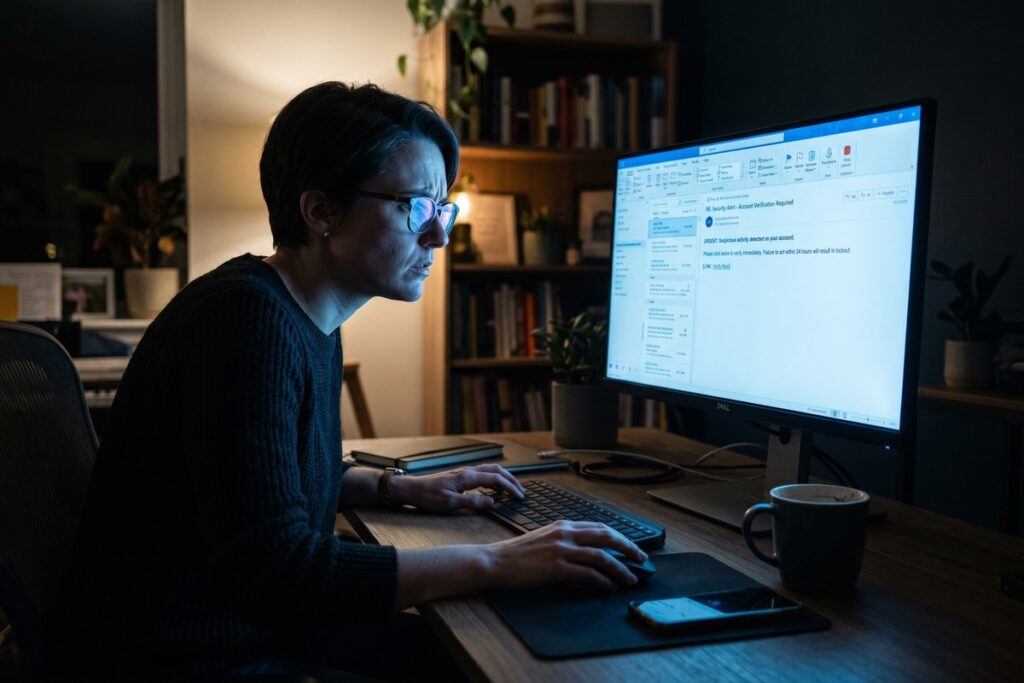 Cybercriminal sending phishing emails in 2026 with warning signs highlighted on a computer screen