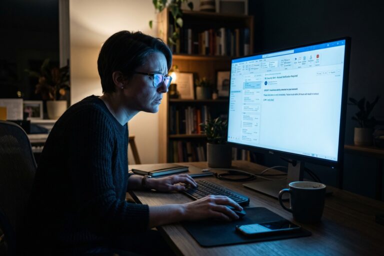 Cybercriminal sending phishing emails in 2026 with warning signs highlighted on a computer screen
