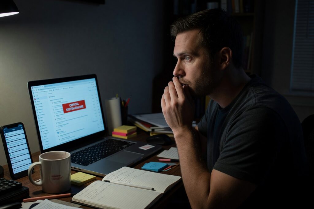 Remote worker looking concerned at laptop screen after receiving a phishing email