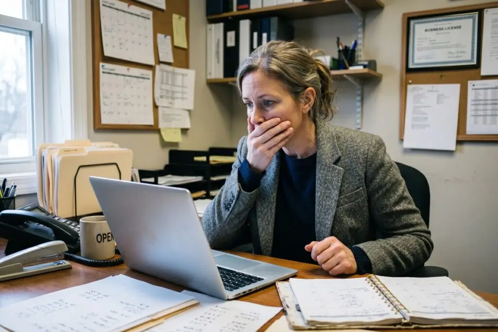 Small business owner stressed at laptop after falling for a phishing email scam