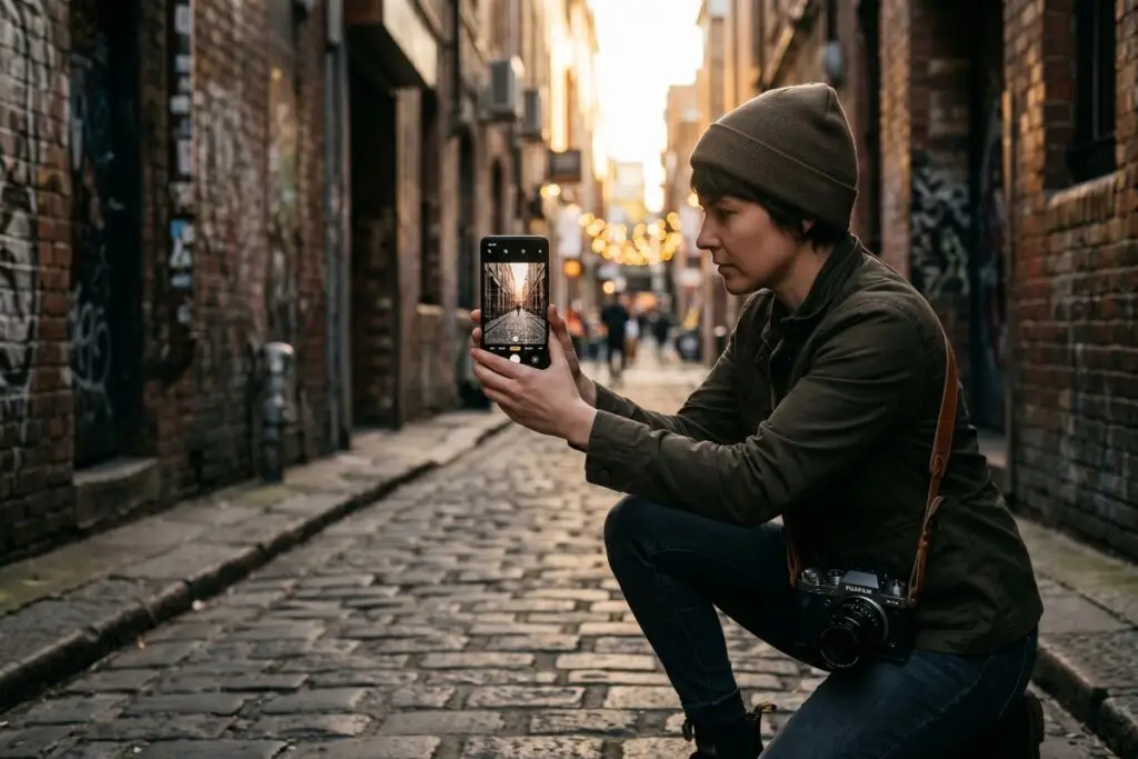 Professional photographer adjusting phone camera settings before a shoot