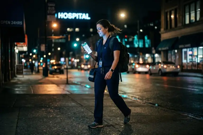 Traveling nurse using phone GPS hacks to navigate an unfamiliar city street during a night shift