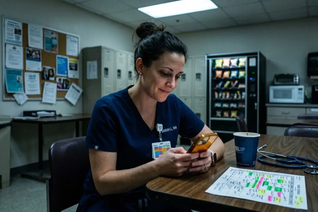 Nurse checking phone scheduling app during rotating shift hours