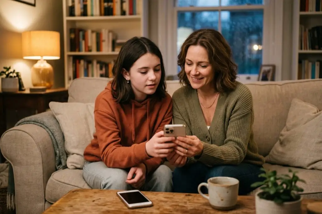 Parent reviewing phone monitoring settings with teenage child to build trust and ensure online safety