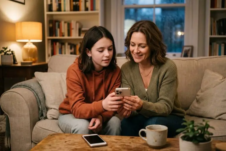 Parent reviewing phone monitoring settings with teenage child to build trust and ensure online safety