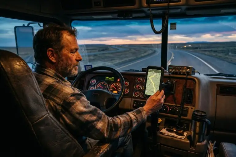 Truck driver using phone offline maps to navigate a dead zone on a remote highway across state lines