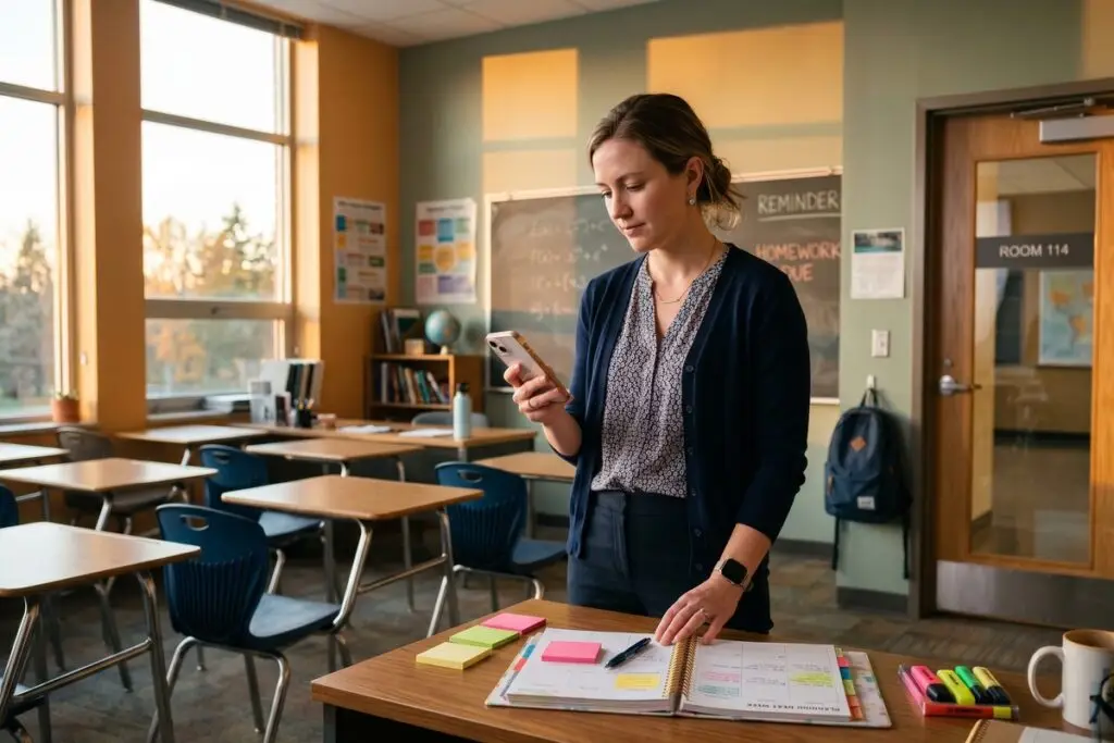 Teacher using phone organization hacks to manage multiple classrooms efficiently