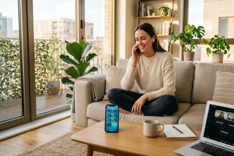 Remote worker using phone shortcuts to manage their workday hands-free at a home office desk