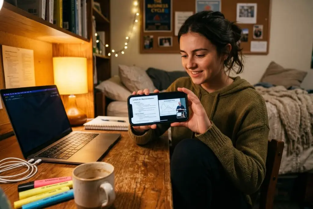 College student using phone split screen hacks to study notes and stream video simultaneously