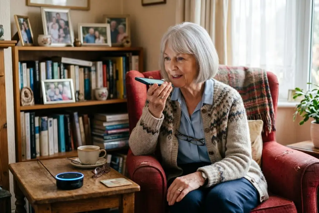 Senior woman using phone voice assistant hacks to manage daily tasks independently at home