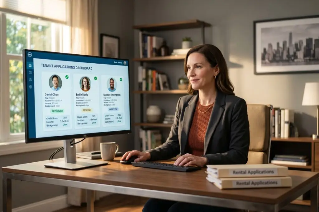 Property manager using AI tenant screening automation software on a laptop