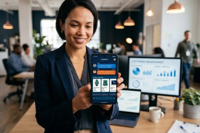 RCS for business messaging interface showing rich media and branded communication on a smartphone