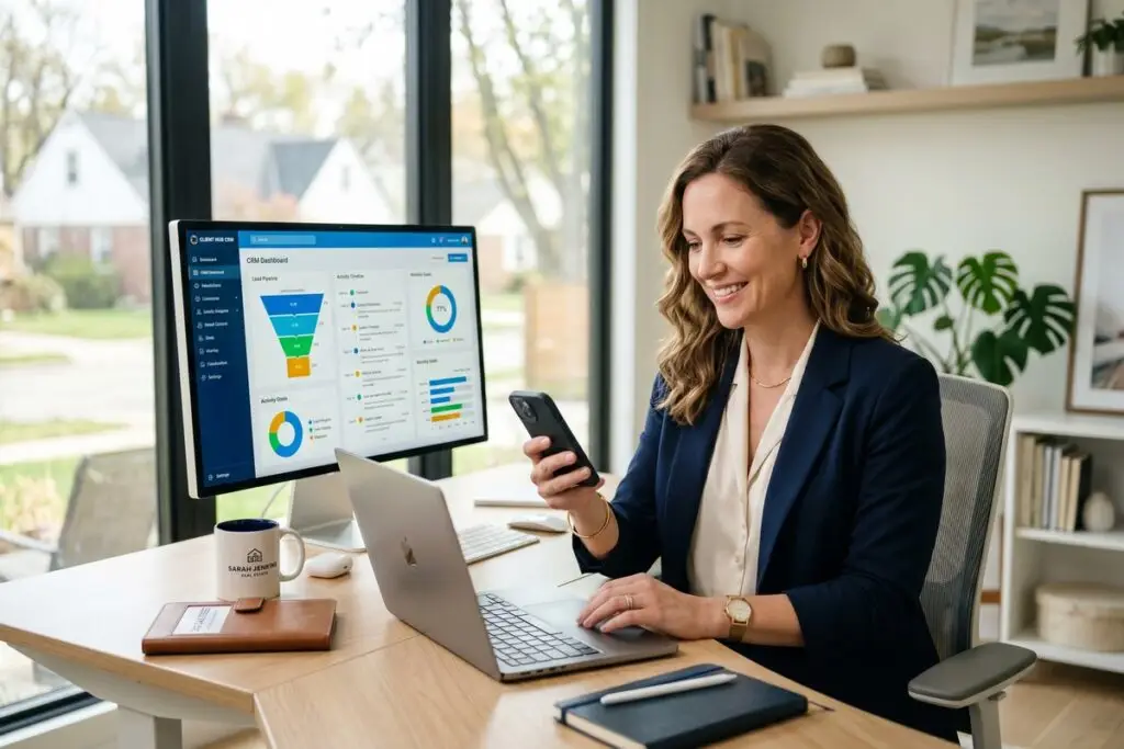 Real estate agent reviewing AI lead follow-up automation dashboard on laptop