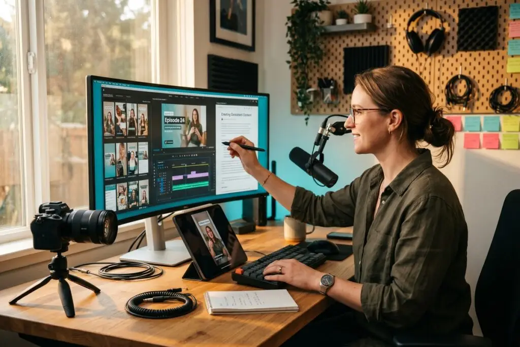 Content creator repurposing a single blog post into social media clips, emails, and videos across multiple platforms