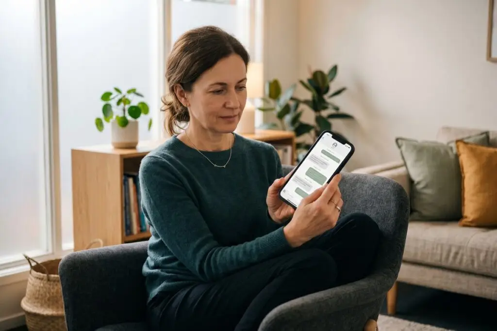 Therapist using secure messaging app on laptop to communicate with mental health clients