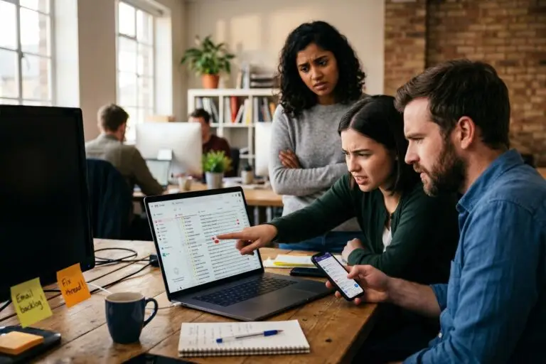 Small team reviewing shared inbox messaging setup on a laptop in a modern office