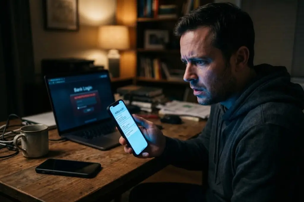 Illustration of a hacker performing a SIM swapping attack to hijack a smartphone and steal account access