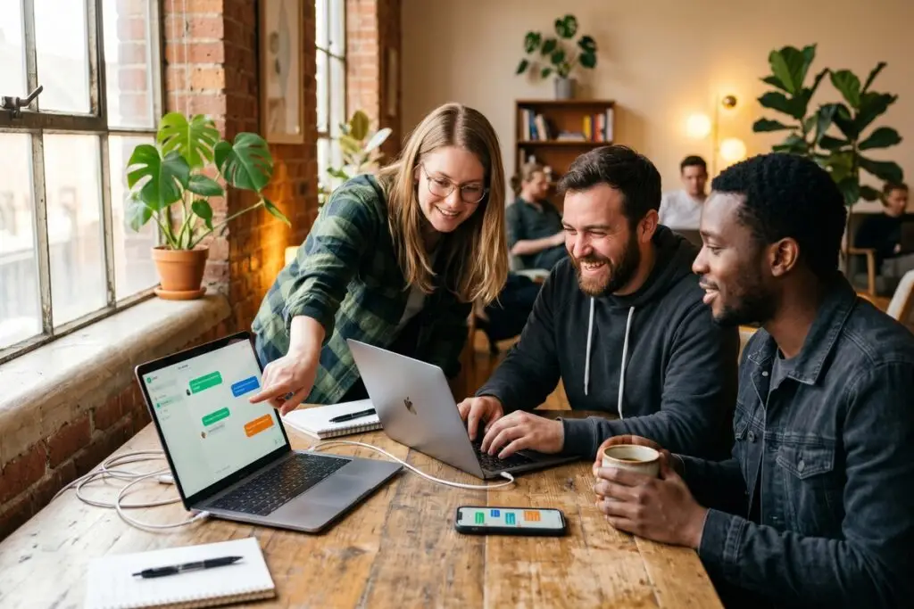 Small team collaborating using a lightweight Slack alternative on laptop and mobile