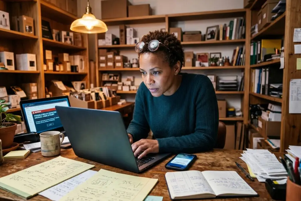Small business owner reviewing phishing attack recovery steps on a laptop