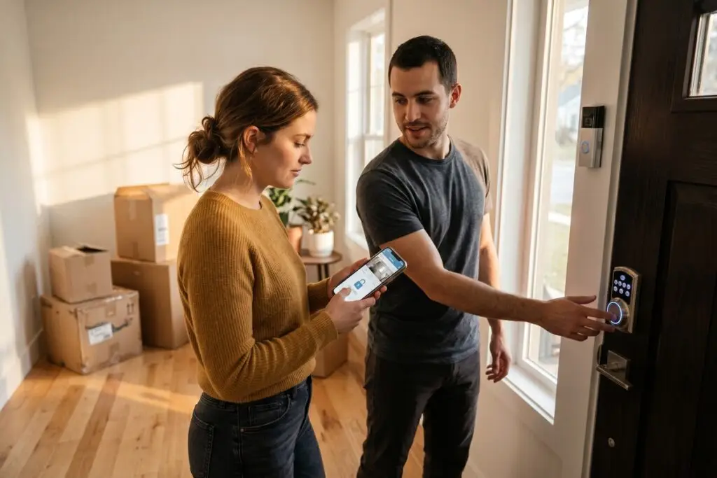New homeowner setting up smart home security devices on a tablet