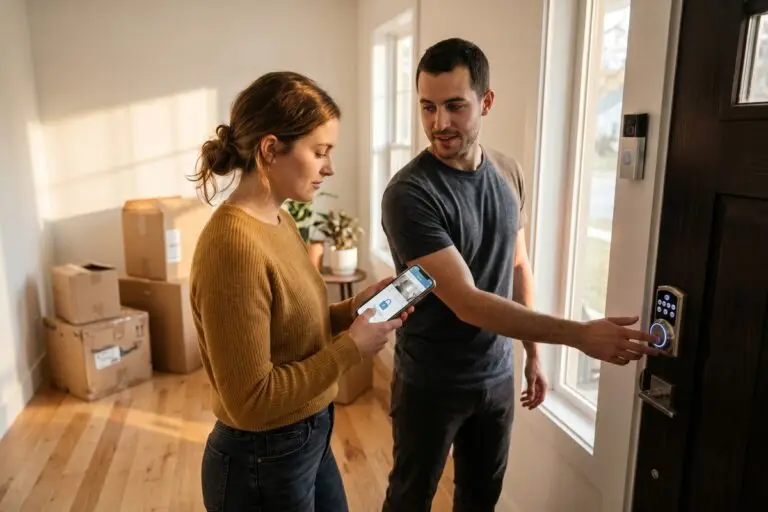 New homeowner setting up smart home security devices on a tablet